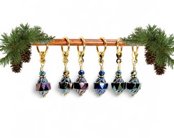 Holiday 2025 Stitch Markers: Set of 6 or 12 Green, Plum and Blue glass bead markers, optional silk bag