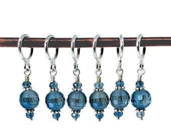 Navy Blue knitting/crochet stitch markers , optional silk gift bag, specialty glass bead marker, gift set.