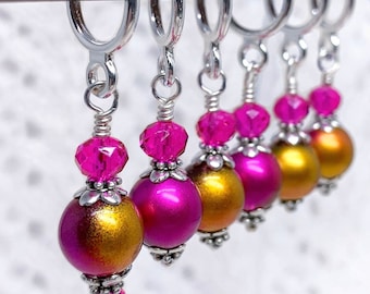 Fuschia & Gold Frosted Glass Stitch Markers: Knitting Crochet Tool