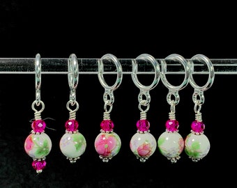 Stitch Markers for Knitting & Crochet,white and pink floral porcelain bead stitch markers,