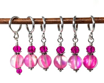 Pink Mermaid glass bead stitch markers for knitting and crochet. Optional silk notions bag.