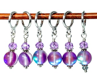 Knitting stitch markers, luminous purple Mermaid glass bead & crystal stitch marker set, Optional silk gift bag, gift for knit and crochet