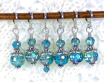 Knitting Stitch Markers, Teal crystal bead Serendipity Stitch Markers for knitting and crochet.