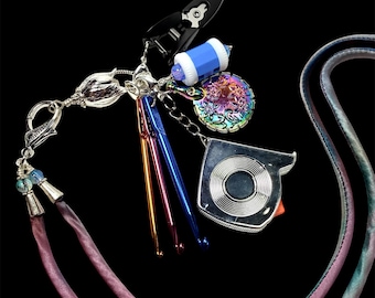 Rose/teal silk cord lanyard and chatelaine, tools for knitting and crochet