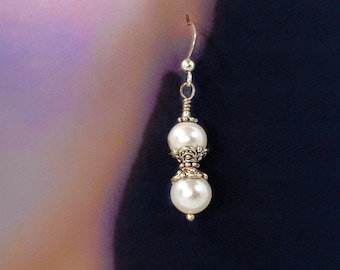 Swarovski crystal pearl drop earrings, with antique silvertone caps, 925 Sterling Silver hooks, optional silk gift bag, Handmade in USA