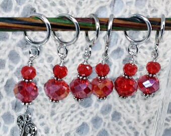 Red glass bead Stitch Markers for knitting, Snag free stitch markers with charm, Knit and Crochet notions