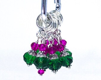 Dark green and fuschia pink knitting and crochet stitch markers. Gift under 20