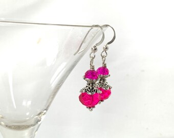 Pink crystal and antique silvertone drop earrings, Sterling Silver hooks, optional silk gift bag