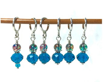 Teal Blue crystal with marbled bead stitch markers for knitting and crochet with optional silk bag.
