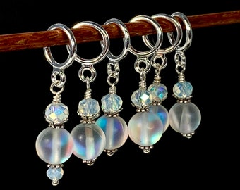 Stitch markers— Translucent and AB Mermaid Glass bead stitch markers for knitting and crochet, optional silk gift bag