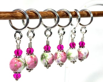 Stitch markers for knitting and crochet, Pink and white floral porcelain bead stitch marker set