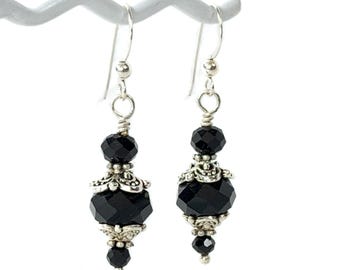 Black Crystal and antique silvertone drop earrings, Sterling Silver hooks, optional silk gift bag