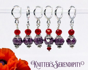 Stitch Markers for Knitting, Poppy red and purple glass bead stitch marker set