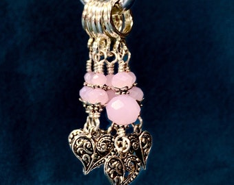 Light Pink crystal & silver tone heart charm stitch markers for knitting/crochet.  Valentine’s Day gift, optional silk bag