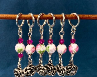 Pink & white floral porcelain with silver tone flower charm knitting/crochet stitch markers, Mothers Day gift, optional silk bag