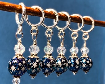 Knitting & crochet stitch markers, Holiday theme dark blue with stars glass beads, optional silk gift bag.
