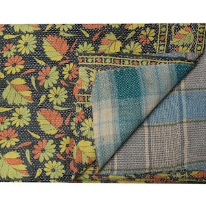 Bohemian Vintage Indian Kantha Quilt Handmade Kantha Blanket Reversible Kantha Throw Cotton Sari Kantha Bedspread Hand Stitched Kantha Throw