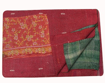 Edredón Kantha indio vintage: Manta individual de algodón, funda para sofá