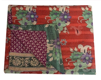 Edredón indio vintage Kantha, manta Kantha hecha a mano, manta Kantha reversible, colcha de algodón Sari Kantha, manta Kantha cosida a mano