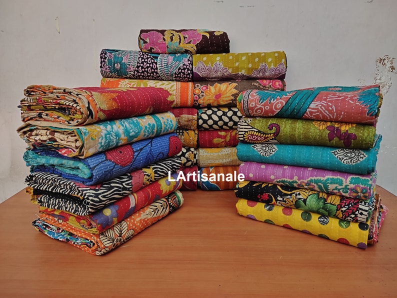 Lote al por mayor Vintage Kantha Quilt, Indian Sari Quilt Kantha Throw Blanket, Ropa de cama antigua Kantha Twin Bedspread, Boho Kantha Quilts imagen 7