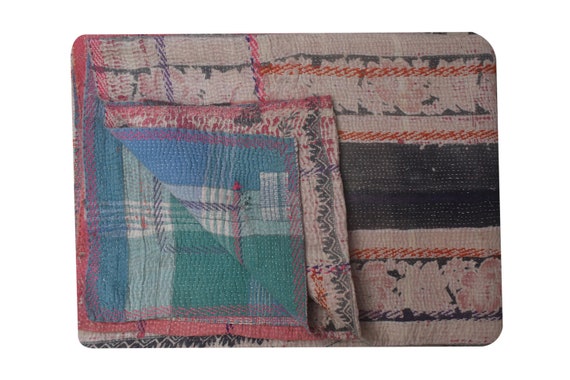 Hand Stitched Vintage Kantha Quilt: Reversible Bohemian Indian Throw