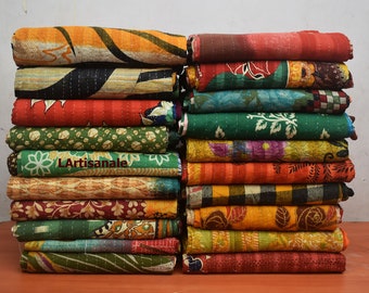 Venta al por mayor de mantas de algodón reversibles hechas a mano con colcha Kantha Vintage india, colores surtidos
