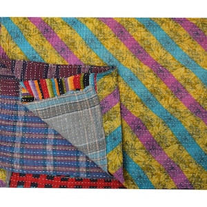 Reversible Kantha Throw Blanket made from Vintage Sari Quilts