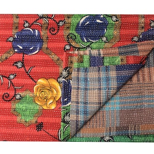 Bohemian Vintage Indian Kantha Quilt Handmade Kantha Blanket Reversible Kantha Throw Cotton Sari Kantha Bedspread Hand Stitched Kantha Throw