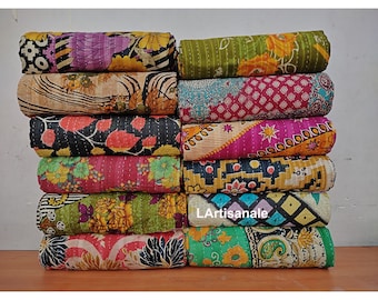 Lotto all'ingrosso trapunta Kantha vintage, coperta da tiro Kantha trapuntata indiana Sari, biancheria da letto antica Kantha Twin, trapunte Boho Kantha