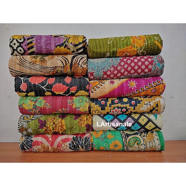 Lote al por mayor Vintage Kantha Quilt, Indian Sari Quilt Kantha Throw Blanket, Ropa de cama antigua Kantha Twin Bedspread, Boho Kantha Quilts