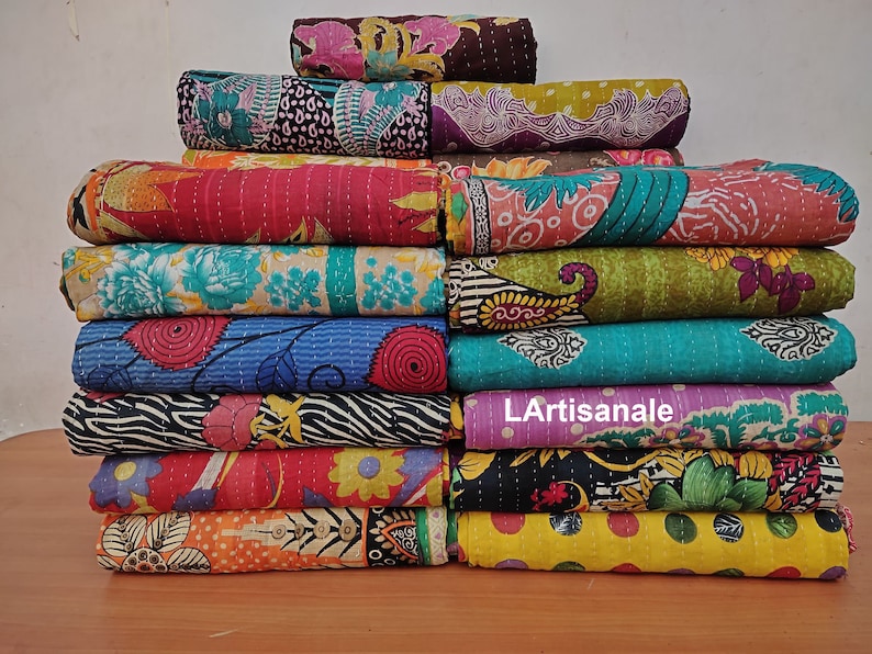 Lote al por mayor Vintage Kantha Quilt, Indian Sari Quilt Kantha Throw Blanket, Ropa de cama antigua Kantha Twin Bedspread, Boho Kantha Quilts imagen 5