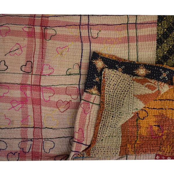 Handmade Bohemian Vintage Kantha Quilt,Twin Size Indian kantha Bedspread,Vintage Hand Stitched Cotton kantha Throw,Reversible kantha Blanket