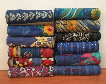 Colchas vintage Kantha em tons de azul, Colcha Kantha vintage, Colcha Sari, Manta Kantha Sundance em tecido reciclado.