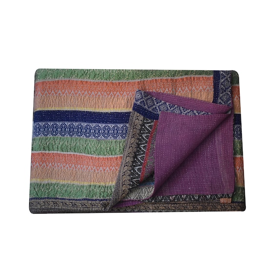 Hand Stitched Vintage Kantha Quilt: Reversible Bohemian Indian Throw