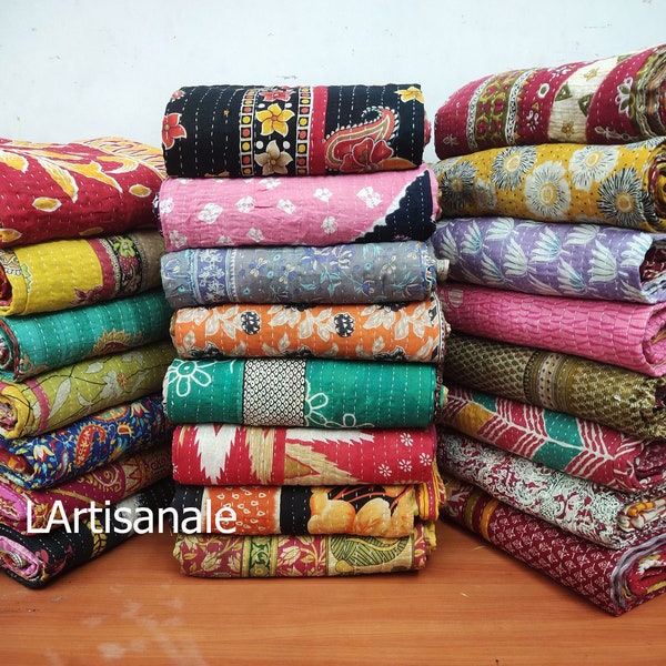 Vintage Kantha Delight: Wholesale Lot of Handmade Indian Cotton Quilts  Reversible Blankets, Bedspreads,and Throws with Unique Vintage Charm