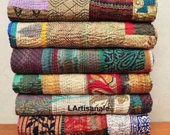 Wholesale Lot of 10 Bohemian Silk Kantha Quilts: Handmade Patchwork Throws