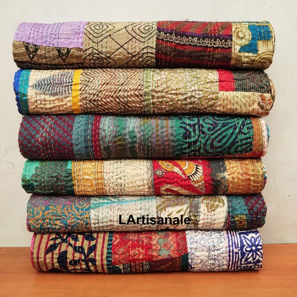 10 Stück Boho Reine Seide Kantha Decke HandQuilted Seide Patchwork Werfen Bettwäsche Indische Kantha Quilt Handgemachte Reversible Quilt