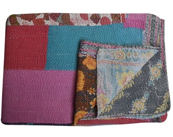 Vintage Sari Patchwork Kantha Quilt Wende-Kantha-Überwurf Bunte Boho-Decke 100 % Baumwolle Steppdecke Sofaüberwurf Vintage-Textilgeschenk