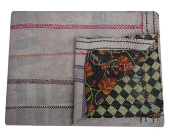 Vintage Kantha Quilt: Handmade Bohemian Twin Throw Blanket