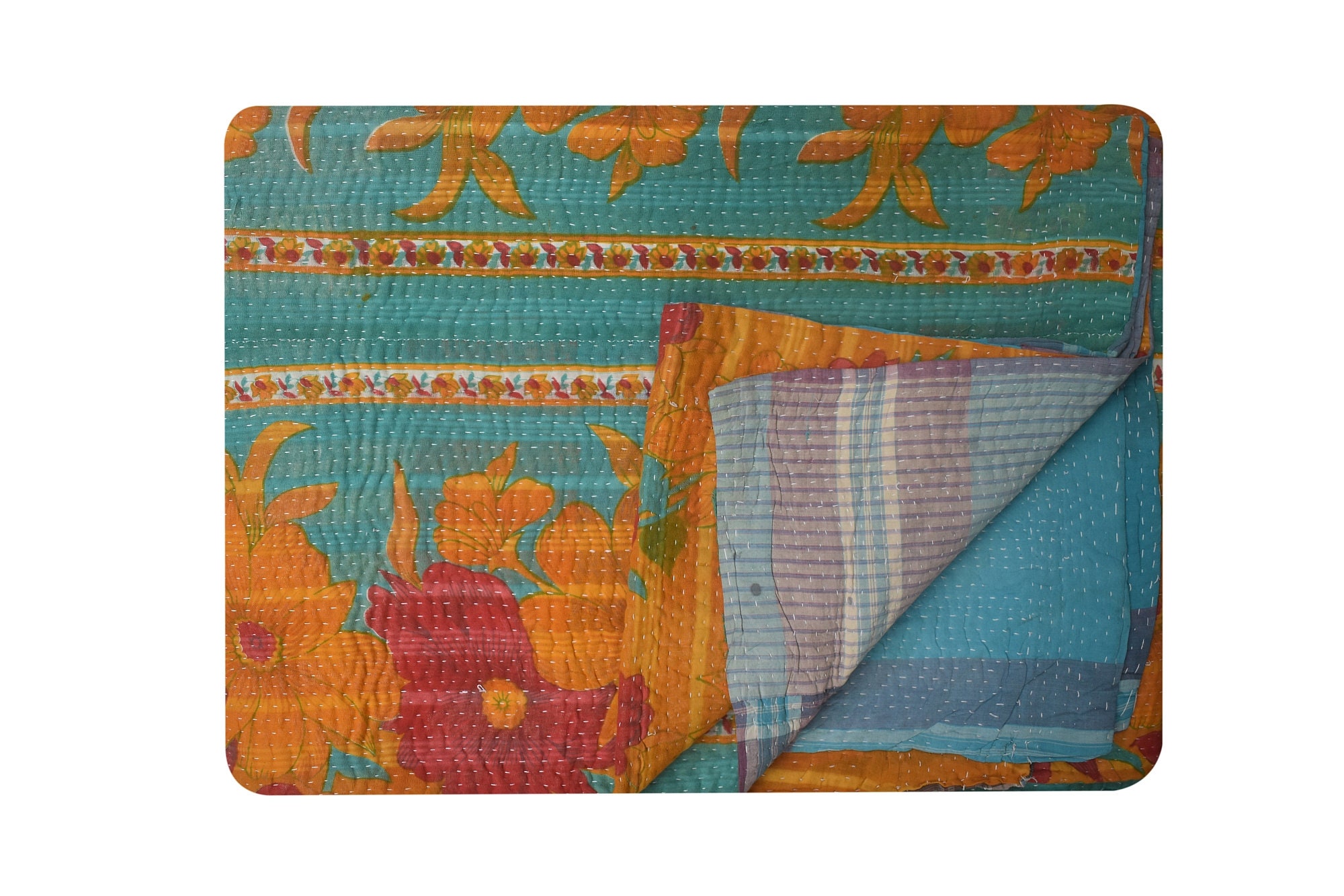Edredón Kantha vintage indio único en su tipo, manta sari Kantha vintage, colchas recicladas, edredón kantha, ropa de cama kantha