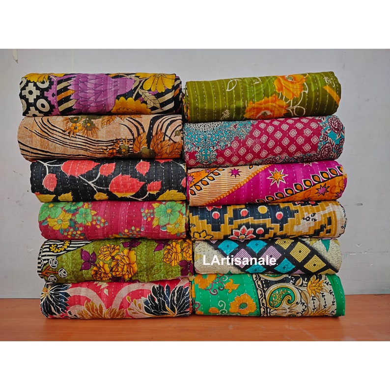Lote al por mayor Vintage Kantha Quilt, Indian Sari Quilt Kantha Throw Blanket, Ropa de cama antigua Kantha Twin Bedspread, Boho Kantha Quilts imagen 2
