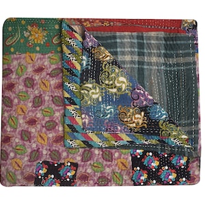 Vintage Kantha Quilt: Bohemian Indian Bedspread, Reversible Sari Throw