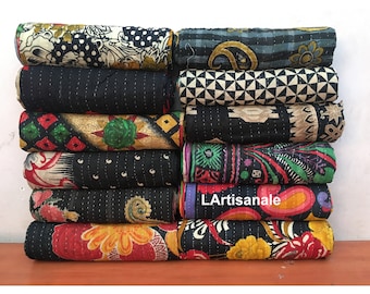 Colcha Kantha Preta: Manta Vintage em Sari, Roupa de Cama Boho Costurada à Mão