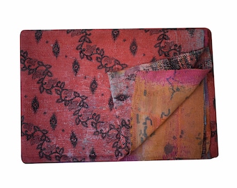 Couvre-lit Double Kantha Fait Main – Coton Rouge, Motif Fleuri, Taille 274x229cm