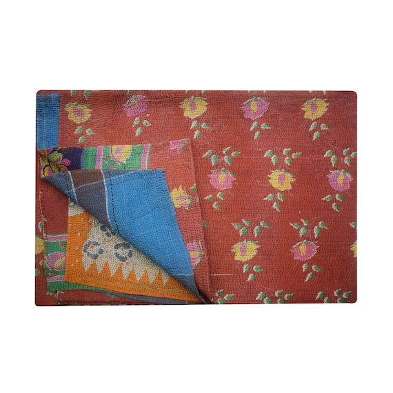 Intricate art of Hand Stitched Vintage Kantha quilt-Reversible Kantha Throw-Bohemian Vintage Indian Kantha blanket