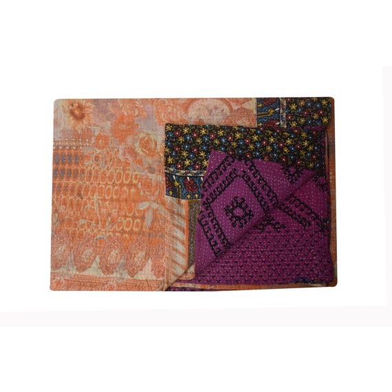 Hand Stitched Vintage Kantha Quilt: Reversible Bohemian Indian Throw