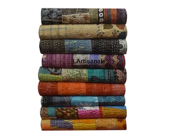 Bohemian Silk Patchwork Quilt: Handmade Vintage Kantha Bedspread