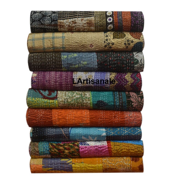 Bohemian Silk Patchwork Quilt Kantha Quilt Handmade Vintage Quilts King Size Bedding Throw Blanket Bedspread Quilting Hippie Quilts For Sale