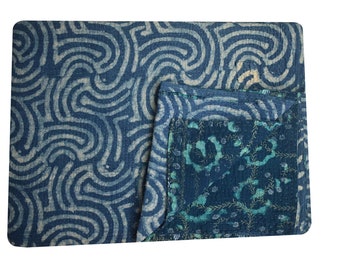 Indigo Antique vintage Kantha Quilt Handmade Block print Throw Handstitched Cotton Throw Kantha Bedspread Reversible Quilt Twin Boho Blanket