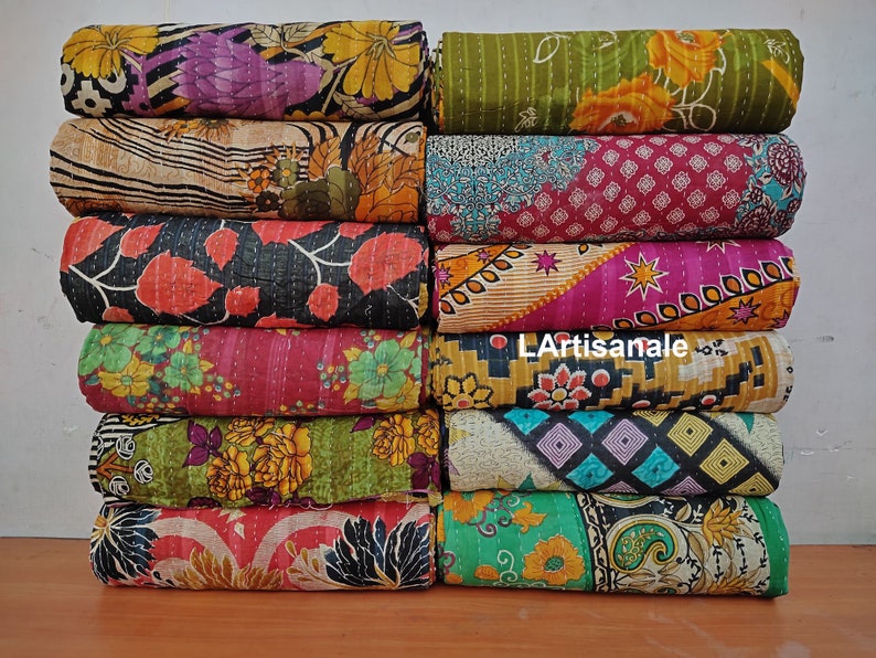 Lote al por mayor Vintage Kantha Quilt, Indian Sari Quilt Kantha Throw Blanket, Ropa de cama antigua Kantha Twin Bedspread, Boho Kantha Quilts imagen 3